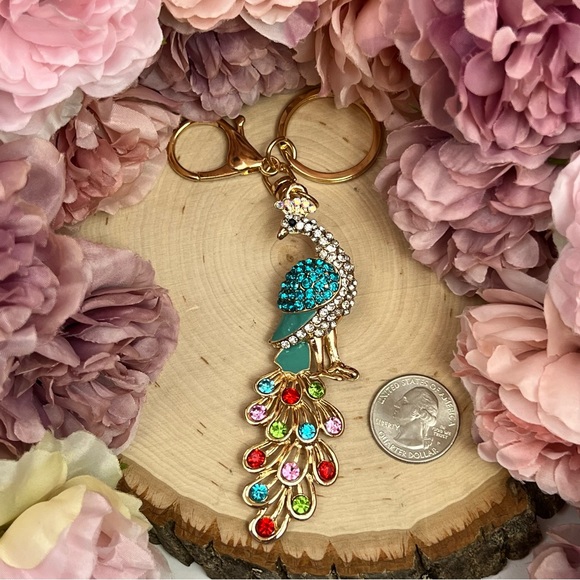 Beautiful Blue and Colorful Crystal Peacock Keychain Charm - Picture 14 of 16
